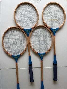 Vintage Wood Badminton Racquets Group 4 Blue Ribbon
